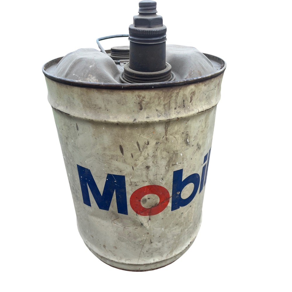 Vintage Mobil Oil Drum Metal Gas Can Industrial Petroliana Decor Made in USA